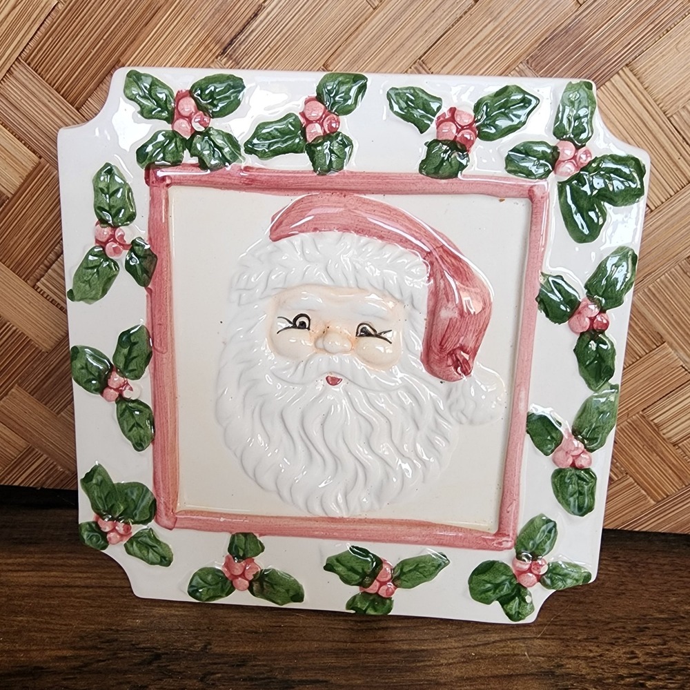 Heritage Pottery Christmas Trivet Santa Face Head 6"  Square Holiday Vintage‎